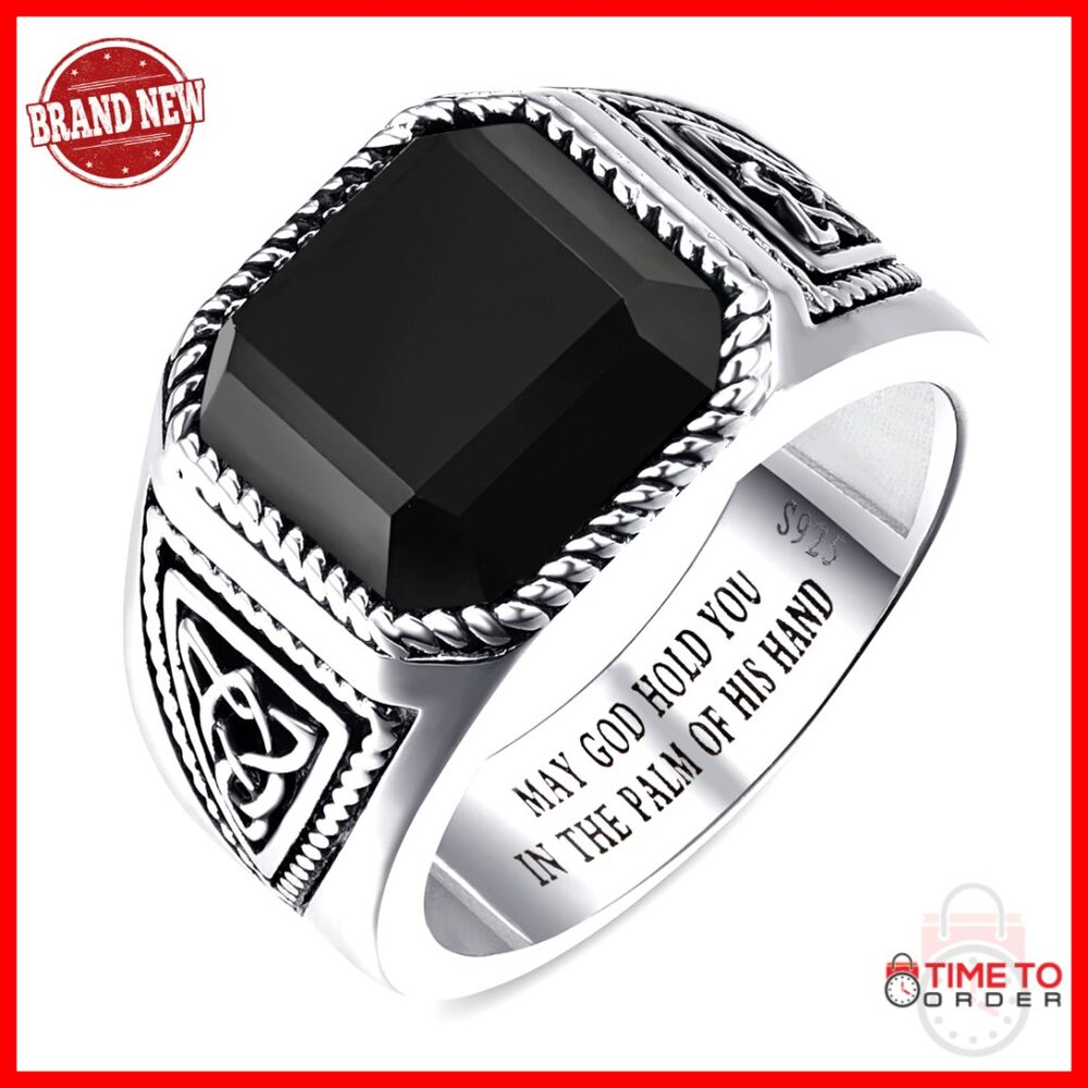 Men's 925 Sterling Silver Ring Size 8 Celtic Pattern Band Black Onyx